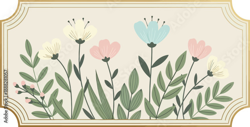 Botanical floral arrangement with soft colored flowers and green leaves in decorative frame