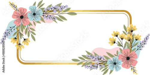 Decorative gold frame adorned with colorful flowers, leaves and pastel shapes on transparent background