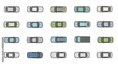 Flat Vector Top View Car Set with Color Fills for Architectural Site Plans | Sedans, SUVs, Trucks