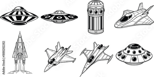 Sci-fi spacecraft and UFO icons set, futuristic jets, rockets and flying saucers, space technology concept, black and white illustration