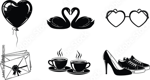 Love and lifestyle icons set, heart balloon swans glasses letters coffee cups shoes, romantic symbols, black and white illustration