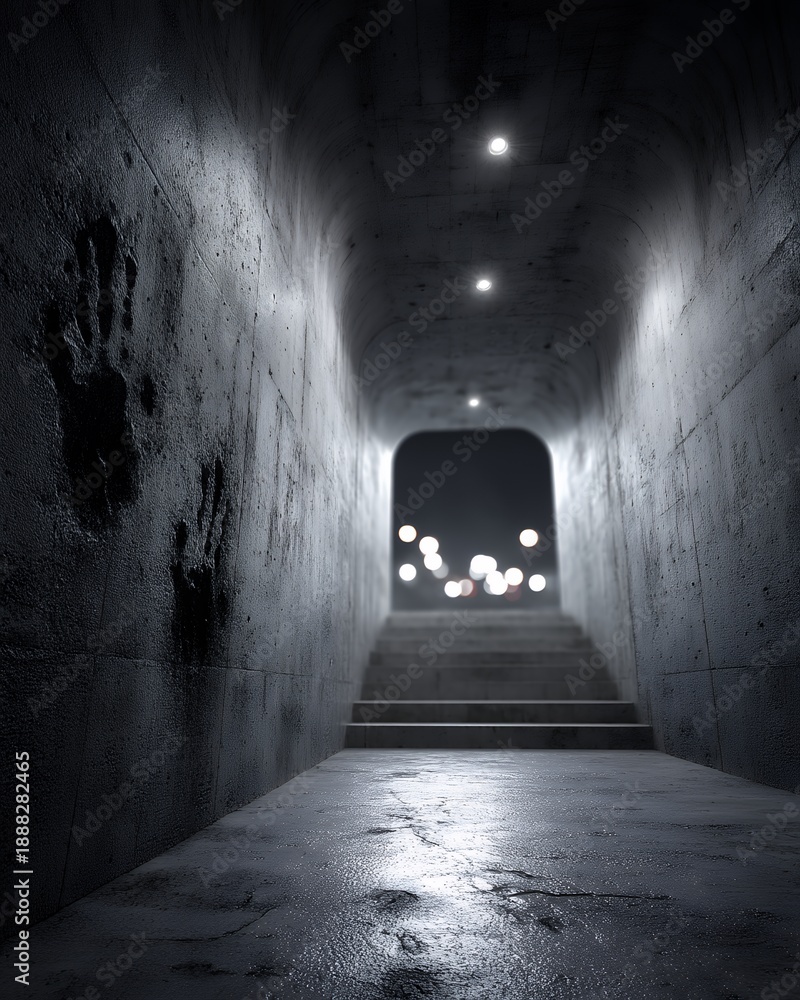 Fototapeta premium stairwell passage with handprints and light orbs