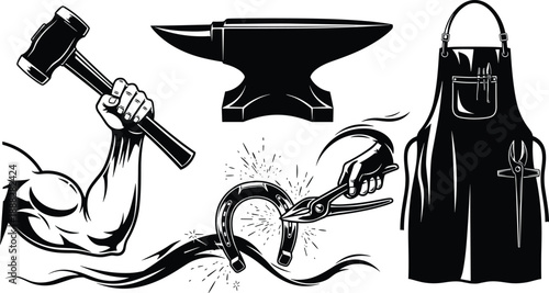 Blacksmith tools silhouette set, hammer anvil horseshoe apron tongs, traditional metal forging craftsmanship concept, vintage black and white illustration