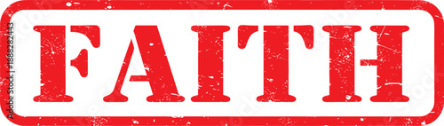 Red distressed FAITH stamp icon, grunge rectangular typography label, spiritual belief concept, bold vintage design, isolated on white background