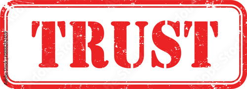 Red distressed TRUST stamp icon, grunge rectangular approval label, reliable verification concept, bold typography, isolated on white background