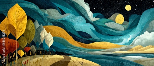 illustrated landscape showing four seasons in one flowing scene