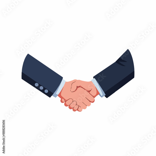 Two business professionals in dark suits firmly shake hands over a white surface, symbolizing agreement, partnership, and successful negotiation.