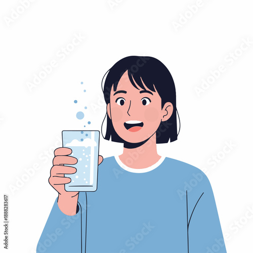 Smiling young woman holds up a refreshing glass of sparkling water or clear beverage against a clean white background, symbolizing hydration.