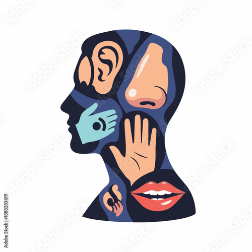 Conceptual profile silhouette illustrates the five human senses including sight, hearing, touch, smell, and taste within a single abstract mind.