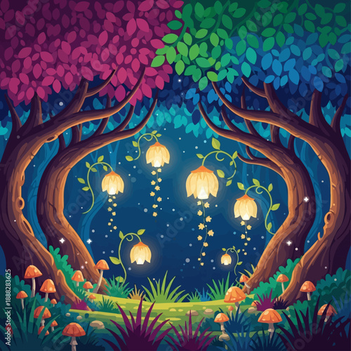 Enchanted forest scene features glowing flower lanterns hanging from vibrant, multi-colored trees above a mossy, magical clearing at night.