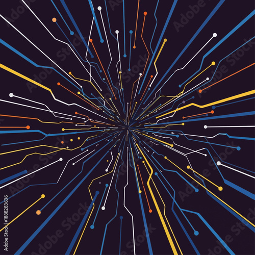 Abstract digital lines converge toward a central point, illustrating rapid data flow and technological speed in a dark environment.