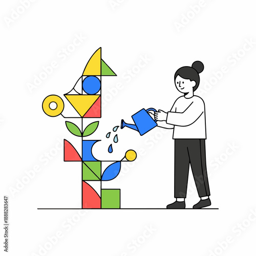 Woman waters a stylized plant constructed from colorful geometric shapes, symbolizing nurturing growth and development.