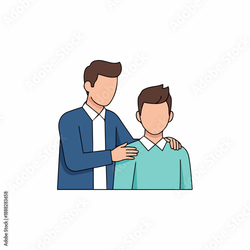 Mentor places a supportive hand on the shoulder of a younger colleague, illustrating guidance, professional advice, or paternal reassurance in a.