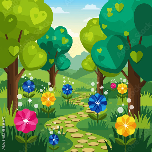 Winding stone path leads through a vibrant, stylized spring meadow filled with brightly colored flowers beneath lush green trees bearing.