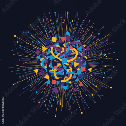 Abstract colorful geometric shapes burst outward from a central knotted core, representing complex data visualization or digital energy.