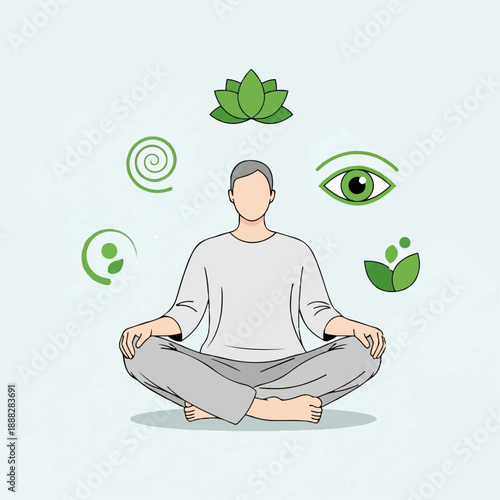 Calm man meditating in lotus position surrounded by green icons representing balance, nature, and inner sight.