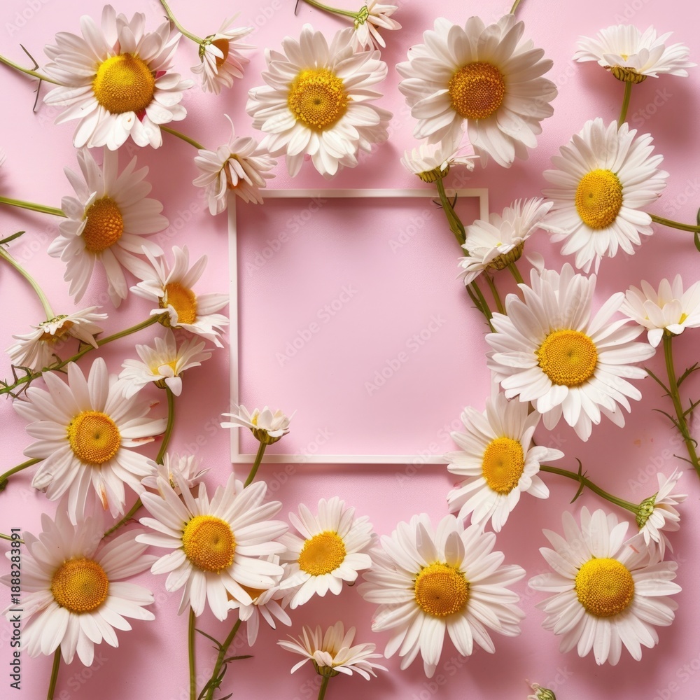 Fototapeta premium Circle of white daisies on a pink background, floral pattern design