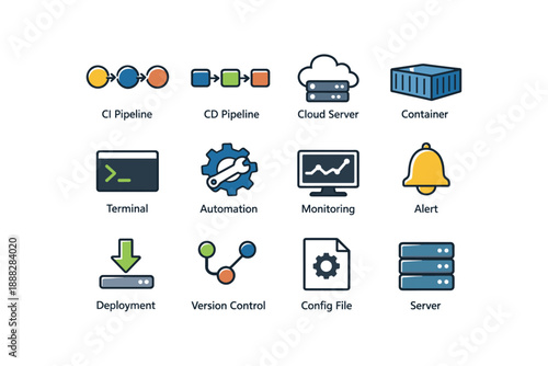 Ci/cd pipelines and cloud server management icons overview