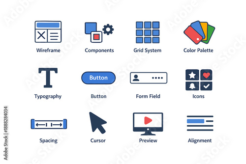 Ui/ux design elements: wireframe, components, grid system, and more