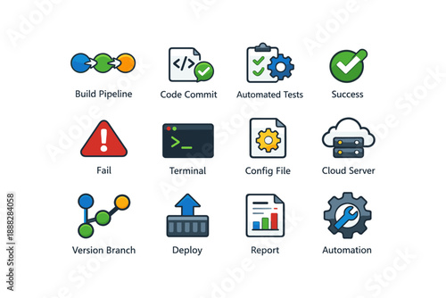Software development icons: pipeline, commit, tests, version, automation