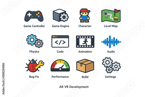 Ar vr development icons: game controller, engine, character, map, physics, code, animation, audio