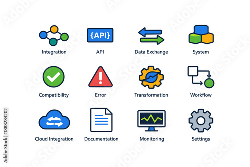 Technology icons set: integration, api, data exchange, system, workflow