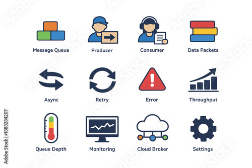 Collection of network and data management icons including producer, consumer, and cloud broker symbols