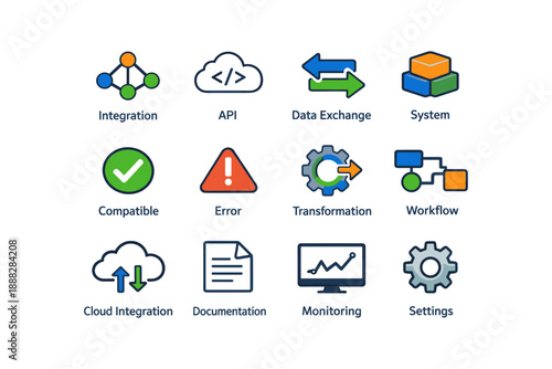 Tech icons for api integration, data exchange, cloud, workflow, and monitoring