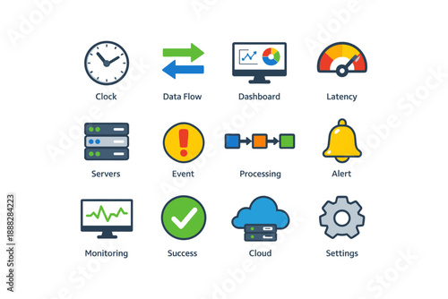 Tech icons for data flow, dashboard, servers, and cloud monitoring