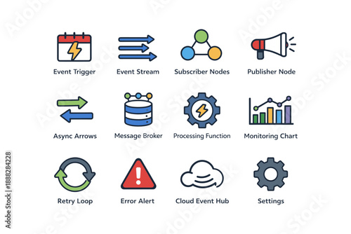 Tech communication icons: event trigger, stream, subscriber nodes, publisher, processing