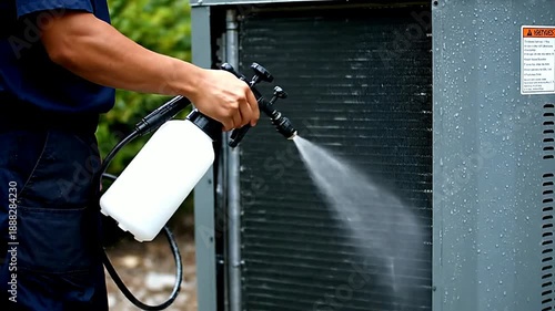 Close up of coils being sprayed during maintenance or Close up of an air conditioner being cleaned outside