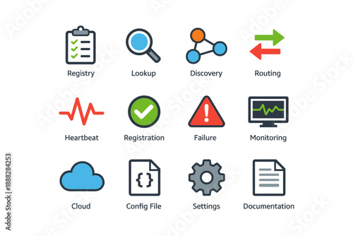 Colorful it icons: registration, monitoring, documentation, cloud, settings, and more