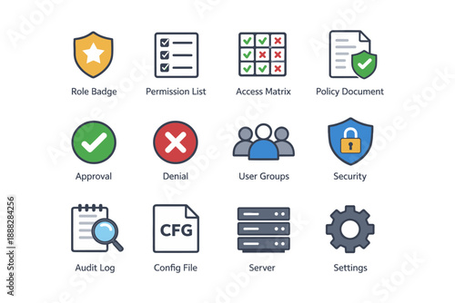 Icons for role badge, permission, access, policy, approval, denial, user groups, security, audit, config, server