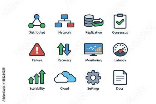 Icons representing distributed network replication and monitoring processes