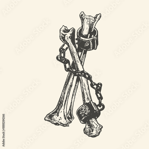 Vintage Engraved Crossbones with Metal Chains and Skull Padlock Illustration, a Dark Gothic Art Piece Symbolizing Restriction and Danger in Black and White Style.