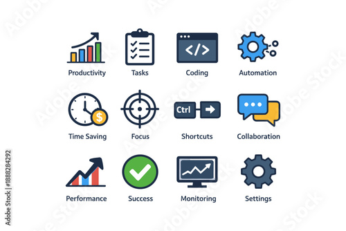 Productivity and workflow icons: tasks, coding, automation, collaboration, monitoring