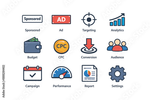 Digital marketing icons set featuring analytics, cpc, conversion, targeting, and budget elements