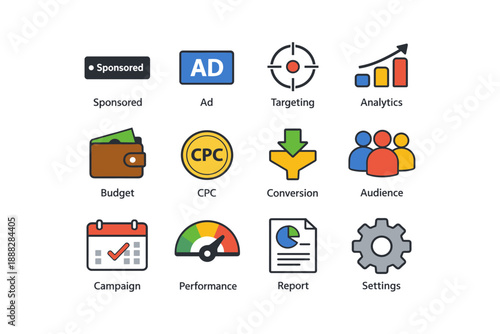 Digital marketing icons with sponsored, ad, targeting, analytics symbols