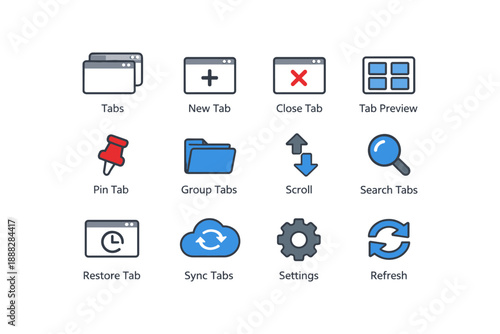 Web browser interface icons: tabs, settings, search, sync, refresh