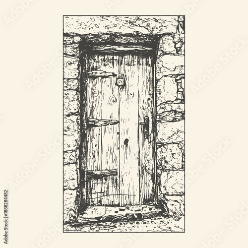 Vintage Hand-Drawn Sketch of an Ancient Wooden Door within a Rustic Stone Wall - Old House Entrance Illustration with Textured Details