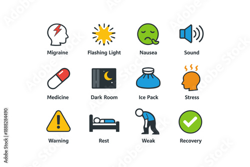 Migraine symptoms and remedies: icons highlight stress, relief, and recovery