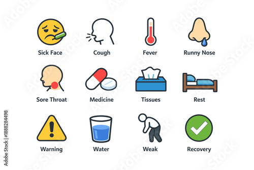 Symptoms and remedies: cold and flu icons collection including sick face, cough, fever, runny nose