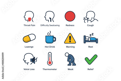 Cold and flu symptoms and remedies icons: throat pain, cough, lozenges, rest, weakness