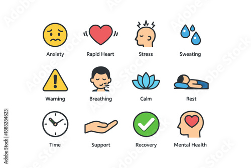 Mental health icons: anxiety, stress, calm, recovery, and support representation