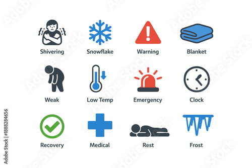 Cold weather icons: shivering, snowflake, warning, blanket, thermometer, emergency