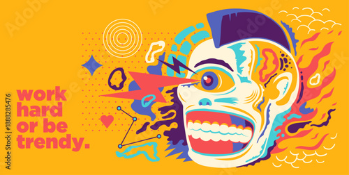 Conceptual illustration with a spooky character and abstract shapes in color. Vector illustration.