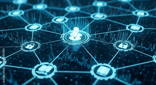 Abstract network illustration of digital connections with user icon & security features