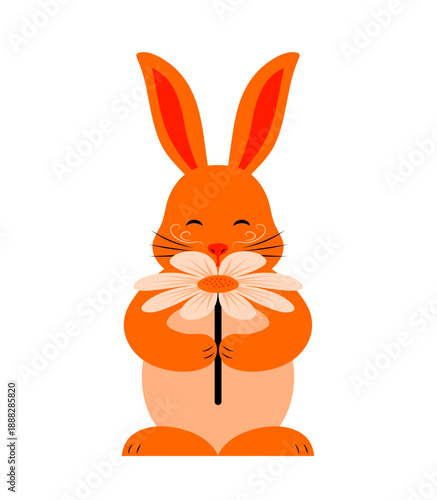 bunny sniffing flower isolated on white background