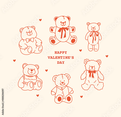 Charming collection of cute teddy bears with bows, dressed in sweaters and shirts in a simple lineart style. Perfect for greeting cards, invitations, packaging, gifts, and Valentine's Day posters.