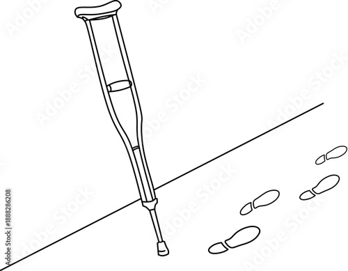 Crutch abandoned with footprints walking away. Recovery concept line art illustration